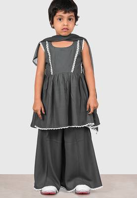 Grey lace rayon flared kurta pant with chiffon dupatta set 1