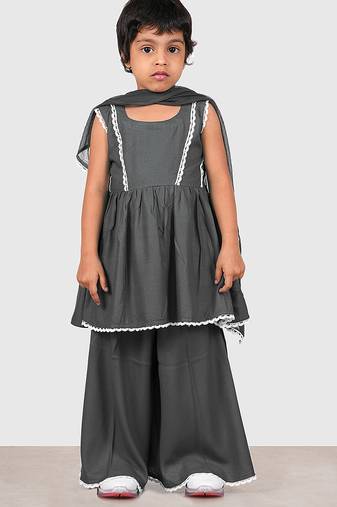 Grey lace rayon flared kurta pant with chiffon dupatta set