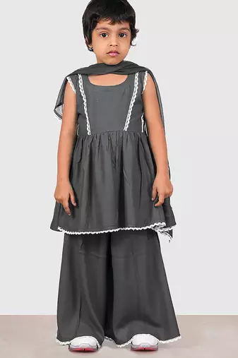 Grey lace rayon flared kurta pant with chiffon dupatta set
