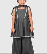 Grey lace rayon flared kurta pant with chiffon dupatta set