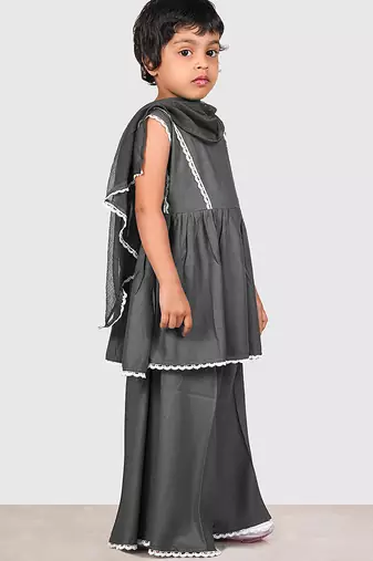 Grey lace rayon flared kurta pant with chiffon dupatta set