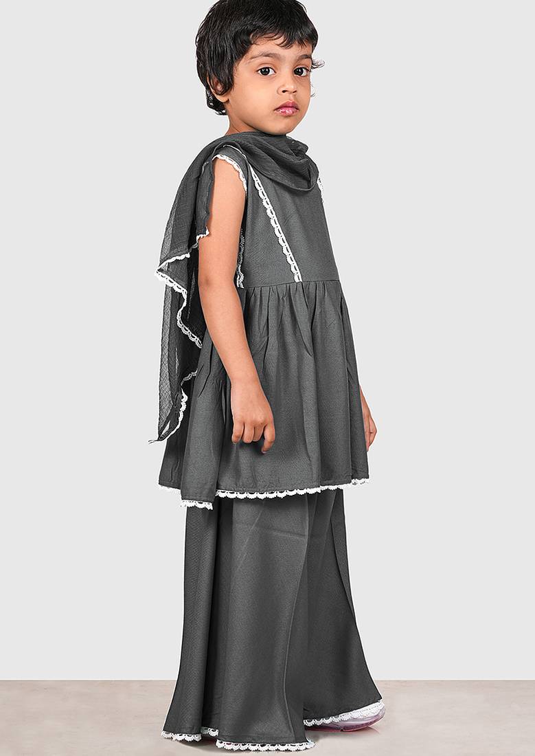 Grey lace rayon flared kurta pant with chiffon dupatta set