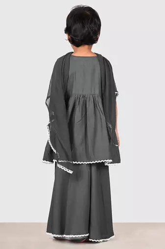Grey lace rayon flared kurta pant with chiffon dupatta set