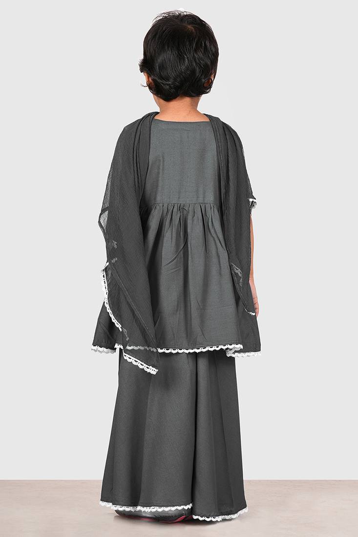 Grey lace rayon flared kurta pant with chiffon dupatta set
