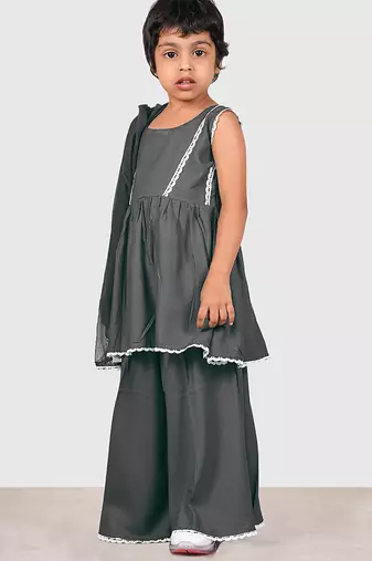 Grey lace rayon flared kurta pant with chiffon dupatta set