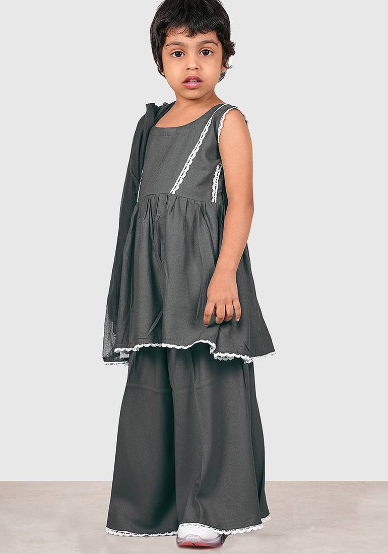 Grey lace rayon flared kurta pant with chiffon dupatta set
