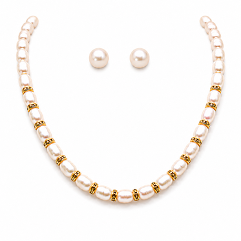 Pearl necklace set with gold-tone spacer rings, white oval freshwater pearls, round stud earrings included 1