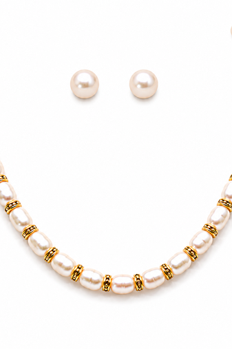 Pearl necklace set with gold-tone spacer rings, white oval freshwater pearls, round stud earrings included