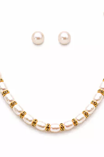 Pearl necklace set with gold-tone spacer rings, white oval freshwater pearls, round stud earrings included
