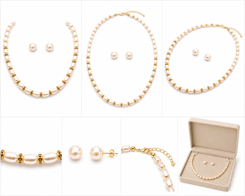 Pearl necklace set with gold-tone spacer rings, white oval freshwater pearls, round stud earrings included 2