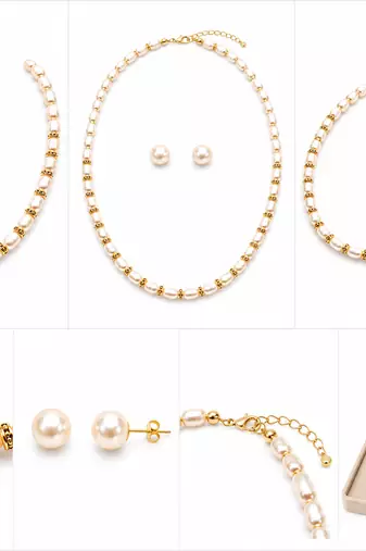 Pearl necklace set with gold-tone spacer rings, white oval freshwater pearls, round stud earrings included