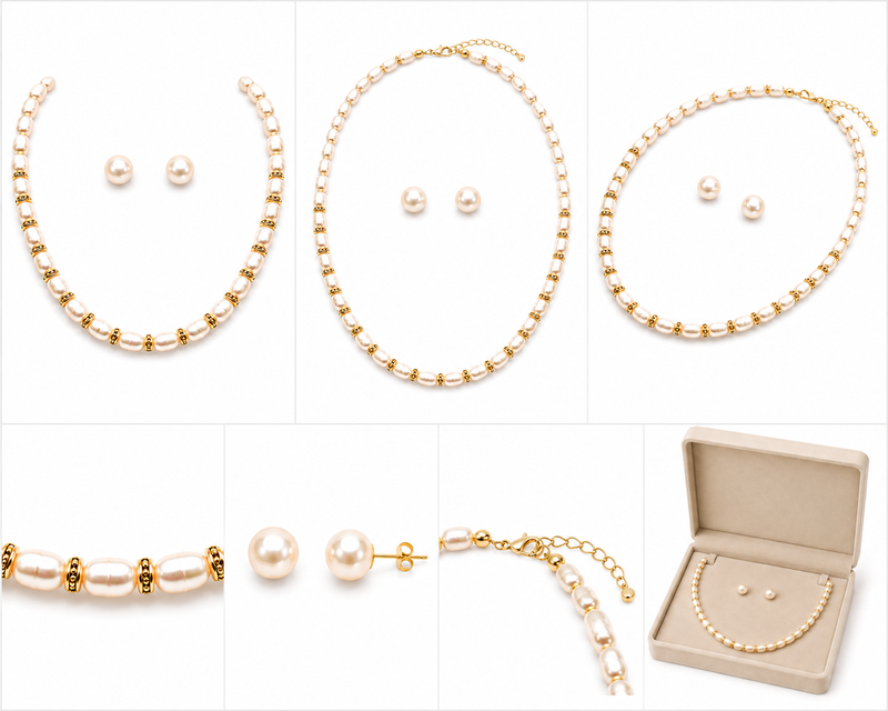 Pearl necklace set with gold-tone spacer rings, white oval freshwater pearls, round stud earrings included