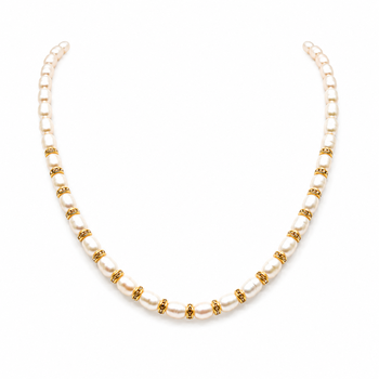Pearl necklace set with gold-tone spacer rings, white oval freshwater pearls, round stud earrings included 3