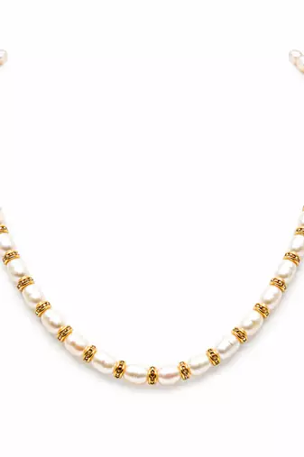 Pearl necklace set with gold-tone spacer rings, white oval freshwater pearls, round stud earrings included
