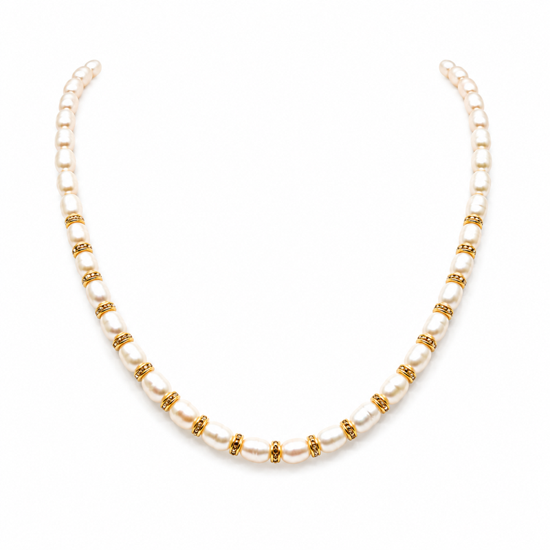 Pearl necklace set with gold-tone spacer rings, white oval freshwater pearls, round stud earrings included