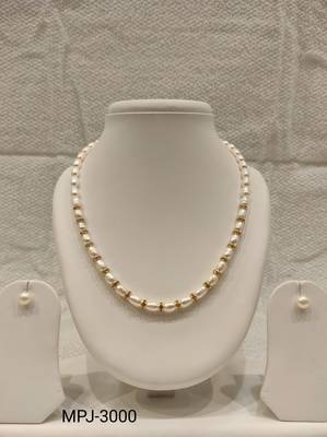 Pearl necklace set with gold-tone spacer rings, white oval freshwater pearls, round stud earrings included 4