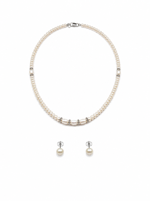 Freshwater pearl necklace and earring set, white, with crystal rondelle accents, 17 inch. 1