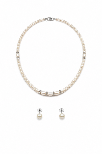 Freshwater pearl necklace and earring set, white, with crystal rondelle accents, 17 inch.