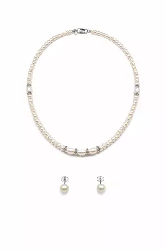 Freshwater pearl necklace and earring set, white, with crystal rondelle accents, 17 inch.