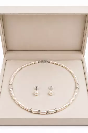 Freshwater pearl necklace and earring set, white, with crystal rondelle accents, 17 inch.