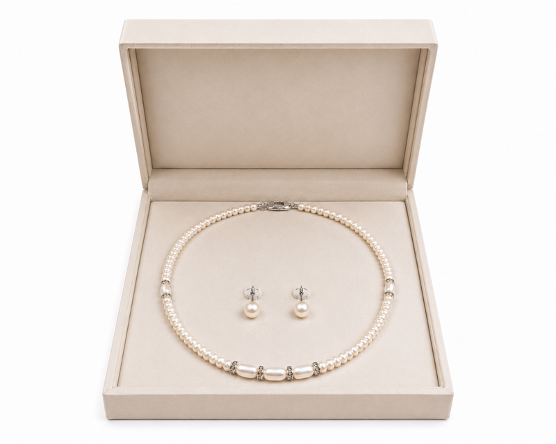 Freshwater pearl necklace and earring set, white, with crystal rondelle accents, 17 inch.