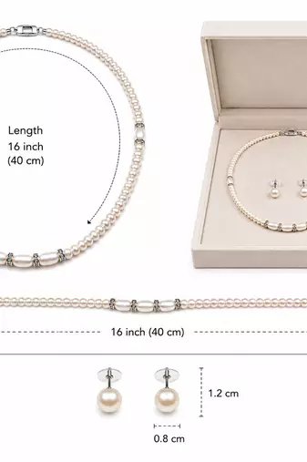 Freshwater pearl necklace and earring set, white, with crystal rondelle accents, 17 inch.