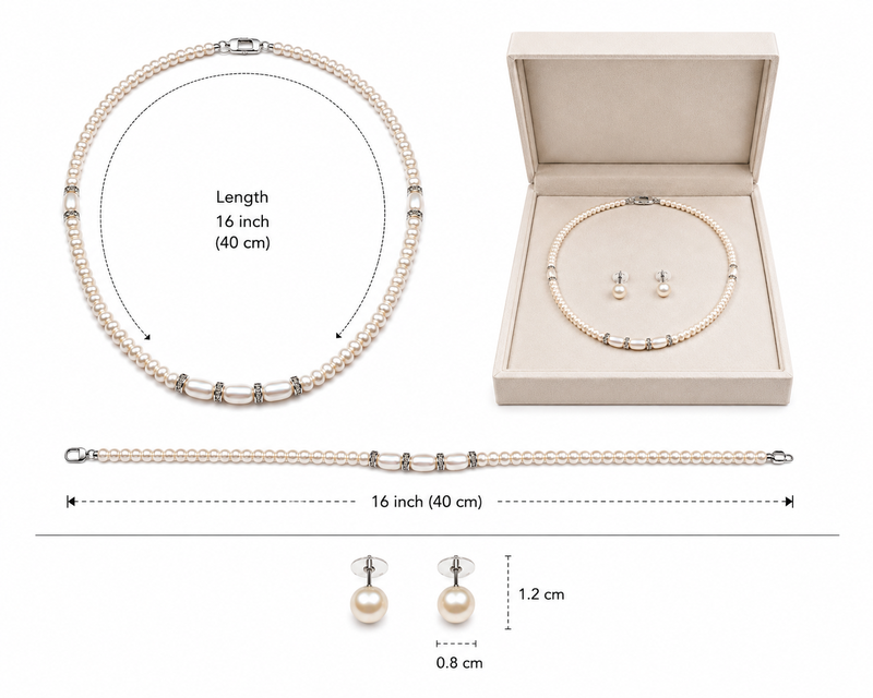 Freshwater pearl necklace and earring set, white, with crystal rondelle accents, 17 inch.