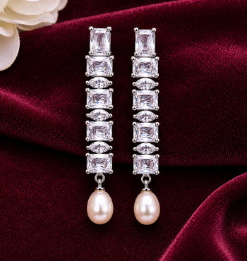 Pearl drop earrings with cubic zirconia, silver, long dangle, secure loop connection 1