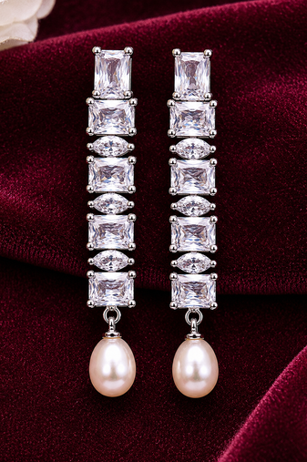 Pearl drop earrings with cubic zirconia, silver, long dangle, secure loop connection