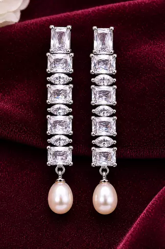 Pearl drop earrings with cubic zirconia, silver, long dangle, secure loop connection