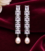 Pearl drop earrings with cubic zirconia, silver, long dangle, secure loop connection