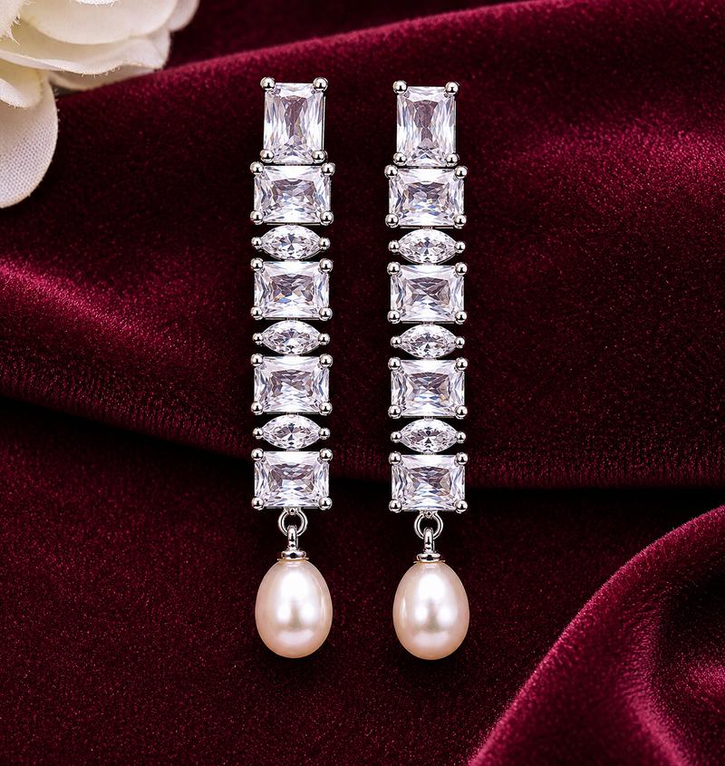 Pearl drop earrings with cubic zirconia, silver, long dangle, secure loop connection