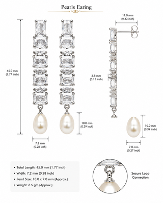 Pearl drop earrings with cubic zirconia, silver, long dangle, secure loop connection 2