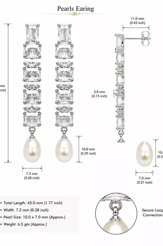 Pearl drop earrings with cubic zirconia, silver, long dangle, secure loop connection