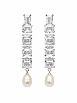 Pearl drop earrings with cubic zirconia, silver, long dangle, secure loop connection 3
