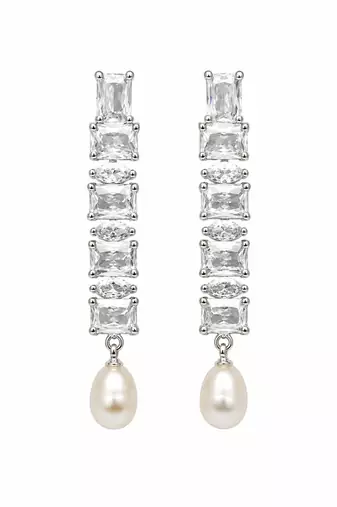 Pearl drop earrings with cubic zirconia, silver, long dangle, secure loop connection