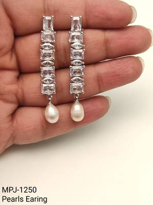 Pearl drop earrings with cubic zirconia, silver, long dangle, secure loop connection 4