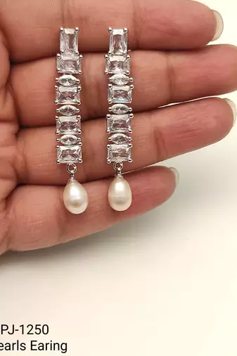 Pearl drop earrings with cubic zirconia, silver, long dangle, secure loop connection