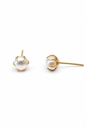 Pearl stud earrings, white freshwater pearl with gold-tone claw setting, classic elegant style