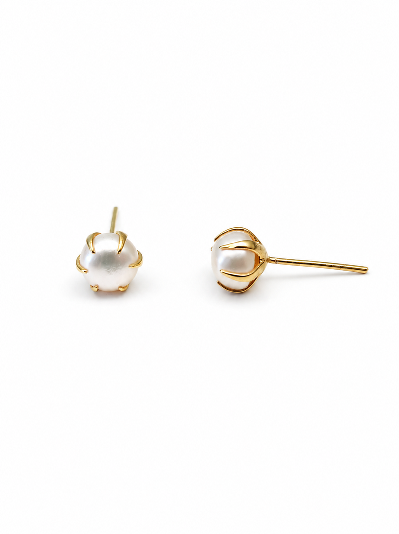 Pearl stud earrings, white freshwater pearl with gold-tone claw setting, classic elegant style