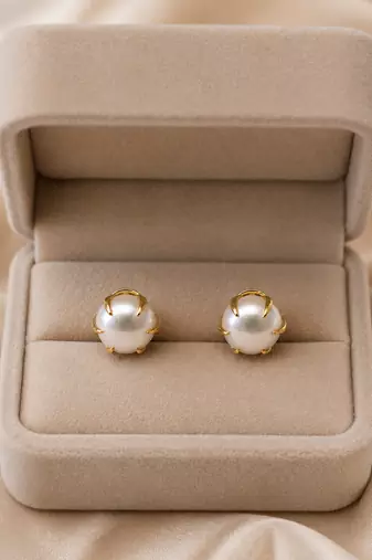 Pearl stud earrings, white freshwater pearl with gold-tone claw setting, classic elegant style