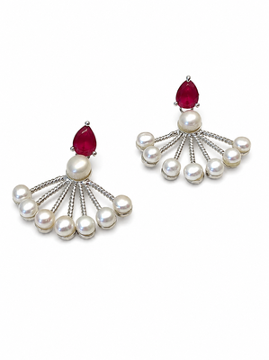 Pearl fan earrings with ruby red pear-cut stone, silver tone, stud back, 34.5 mm, pair 1