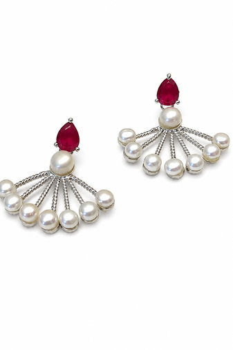 Pearl fan earrings with ruby red pear-cut stone, silver tone, stud back, 34.5 mm, pair