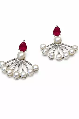 Pearl fan earrings with ruby red pear-cut stone, silver tone, stud back, 34.5 mm, pair