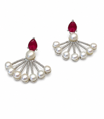 Pearl fan earrings with ruby red pear-cut stone, silver tone, stud back, 34.5 mm, pair