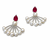 Pearl fan earrings with ruby red pear-cut stone, silver tone, stud back, 34.5 mm, pair