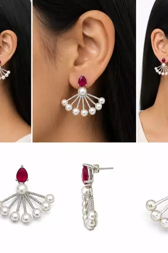 Pearl fan earrings with ruby red pear-cut stone, silver tone, stud back, 34.5 mm, pair