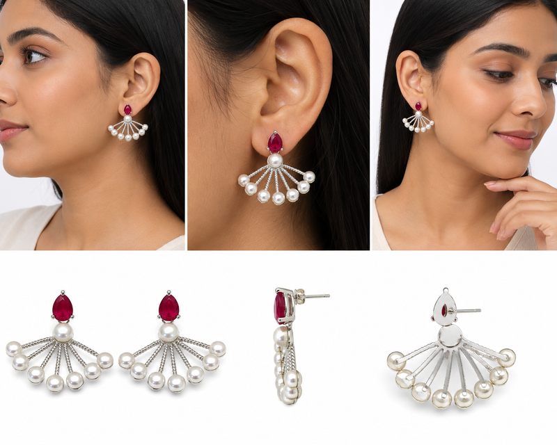 Pearl fan earrings with ruby red pear-cut stone, silver tone, stud back, 34.5 mm, pair