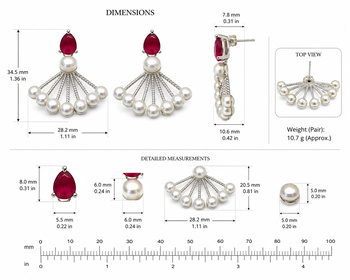 Pearl fan earrings with ruby red pear-cut stone, silver tone, stud back, 34.5 mm, pair 3