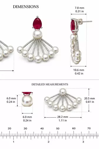 Pearl fan earrings with ruby red pear-cut stone, silver tone, stud back, 34.5 mm, pair